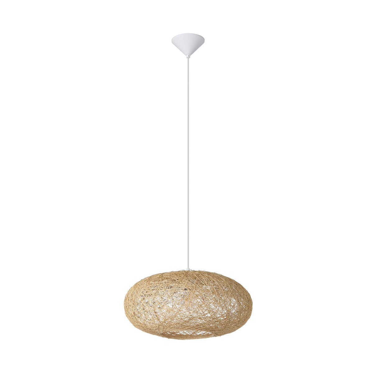 Vue en légère plongée de la suspension ovale beige avec sa rosace blanche.