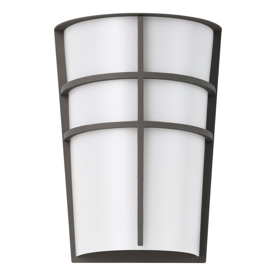 Vue de face du luminaire mural, croisillons métalliques devant le diffuseur blanc