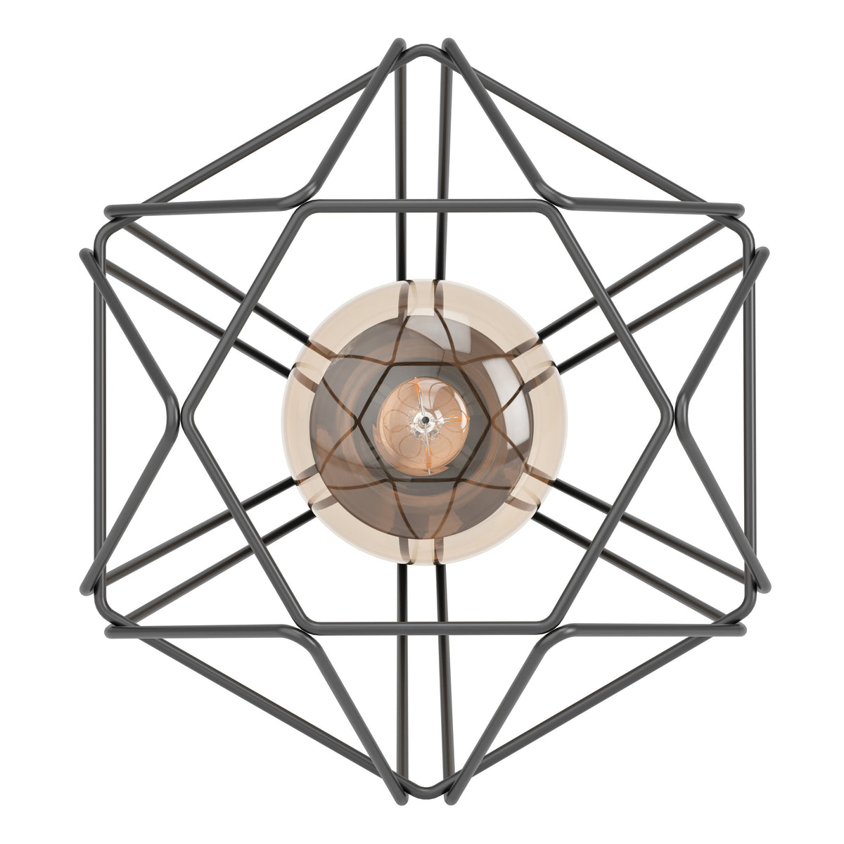 Vue de face du luminaire dévoilant la structure géométrique en étoile autour de l'ampoule