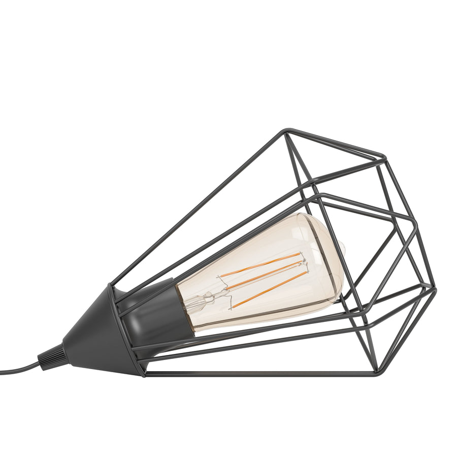 Détail de profil de la cage facettée, de la douille noire et du câble électrique