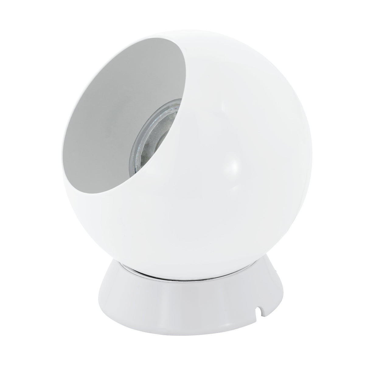 Vue de face du globe blanc posé sur son socle, câble apparent