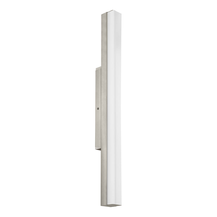Vue de trois quarts du bandeau lumineux nickel et de son diffuseur blanc mat