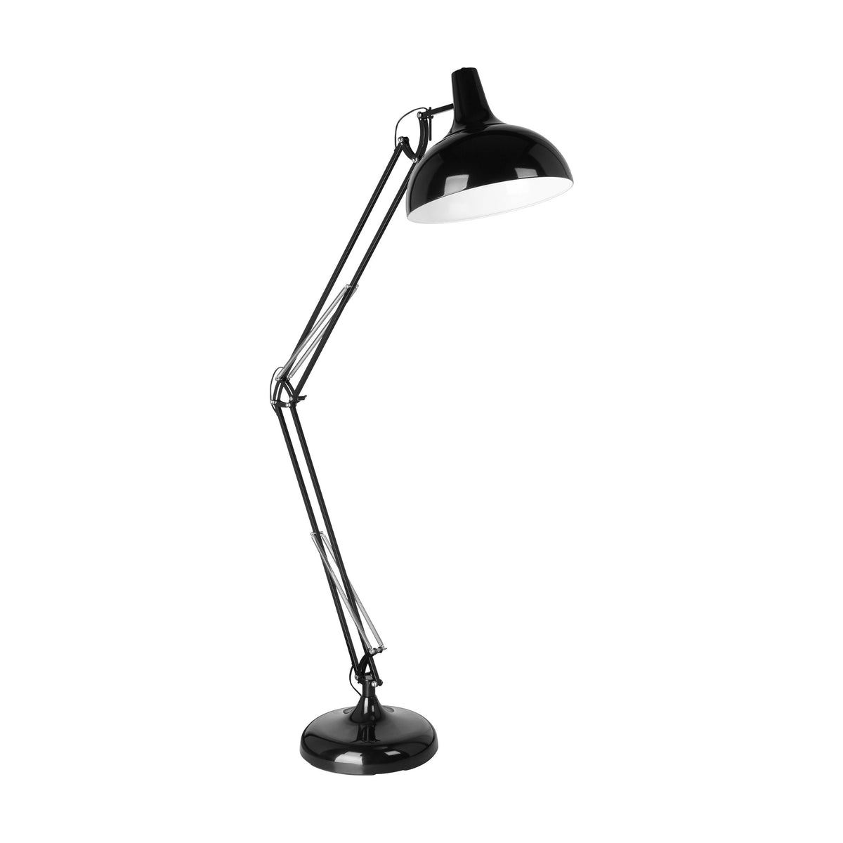 Lampadaire noir replié, bras articulés et base ronde visibles