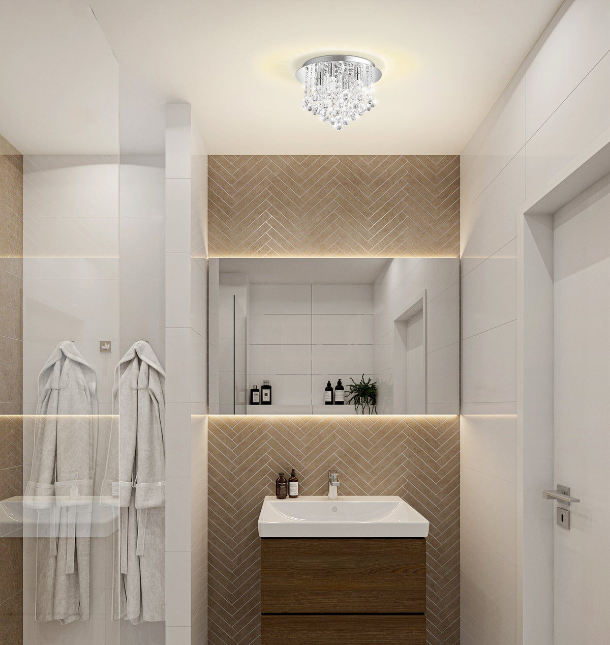 Mise en ambiance dans une salle de bain moderne aux carreaux beiges