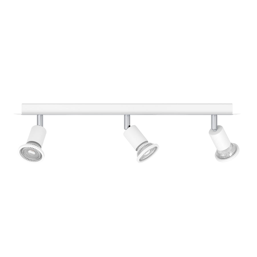 Vue de face du bandeau lumineux blanc avec trois projecteurs orientables vers le bas