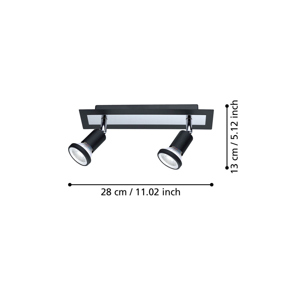 Schéma coté du spot avec largeur 28 cm et hauteur 13 cm.