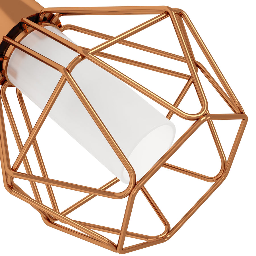Gros plan sur la cage métallique cuivrée et le cylindre de verre blanc