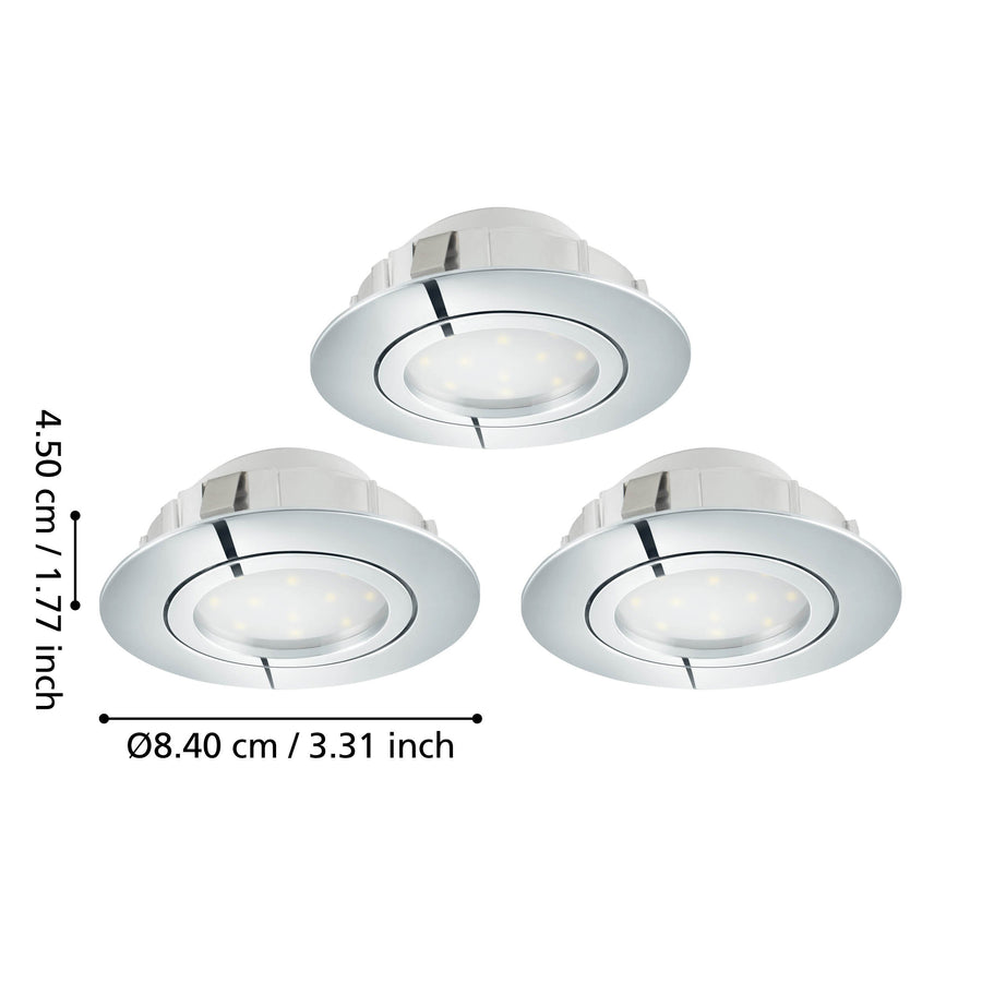 Schéma de dimensions : trois spots, diamètre 8,40 cm et hauteur 4,50 cm