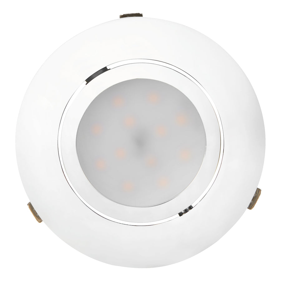 Vue frontale centrée du spot, module LED circulaire et diodes alignées