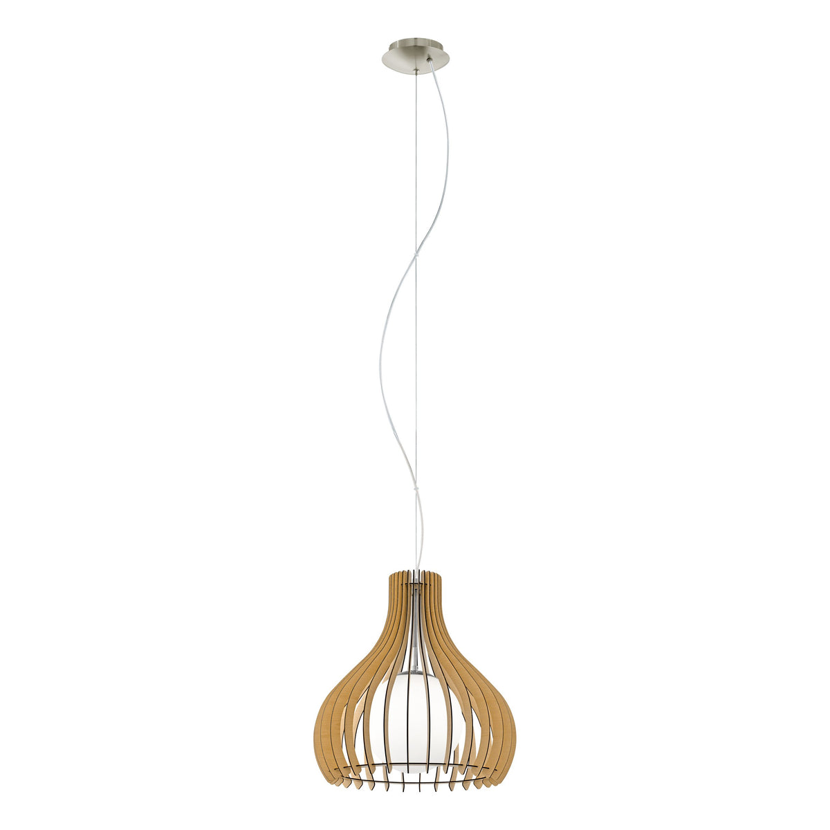 Vue de trois quarts du luminaire, câble et rosace argentée visibles