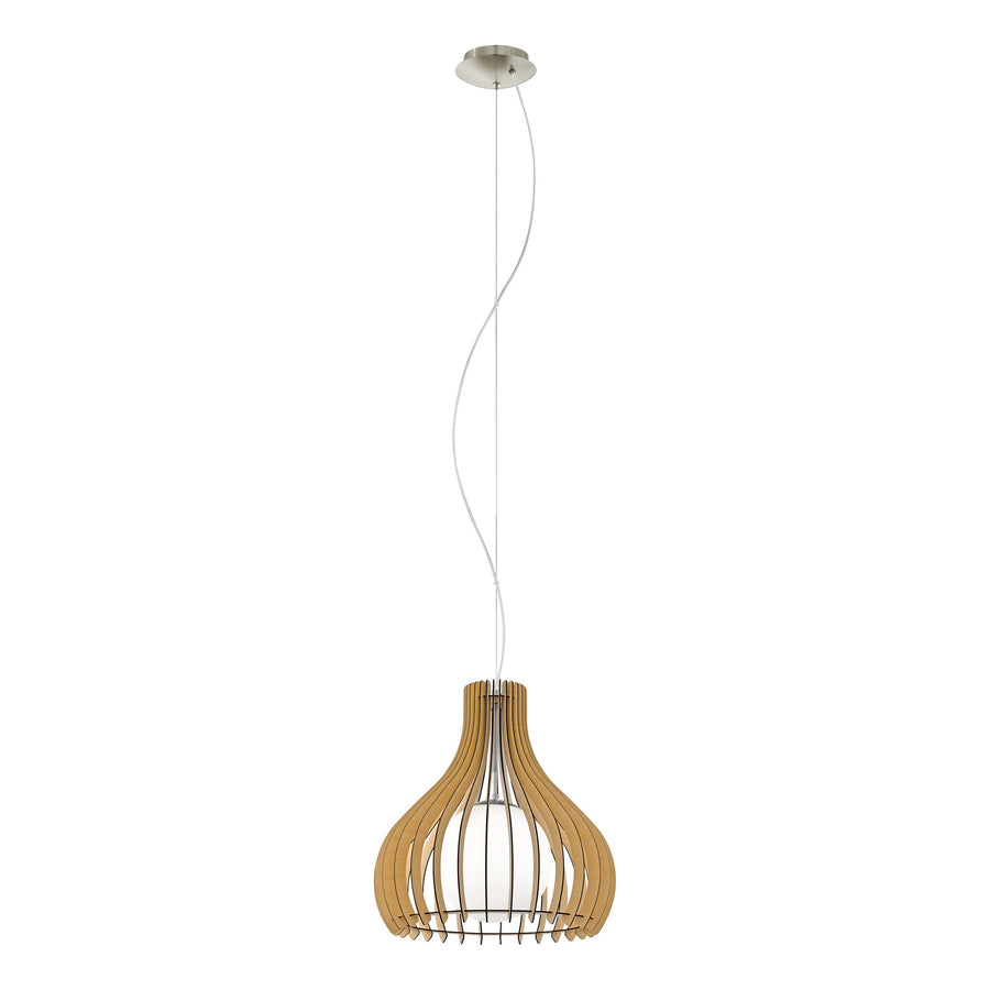 Vue de trois quarts du luminaire, câble et rosace argentée visibles