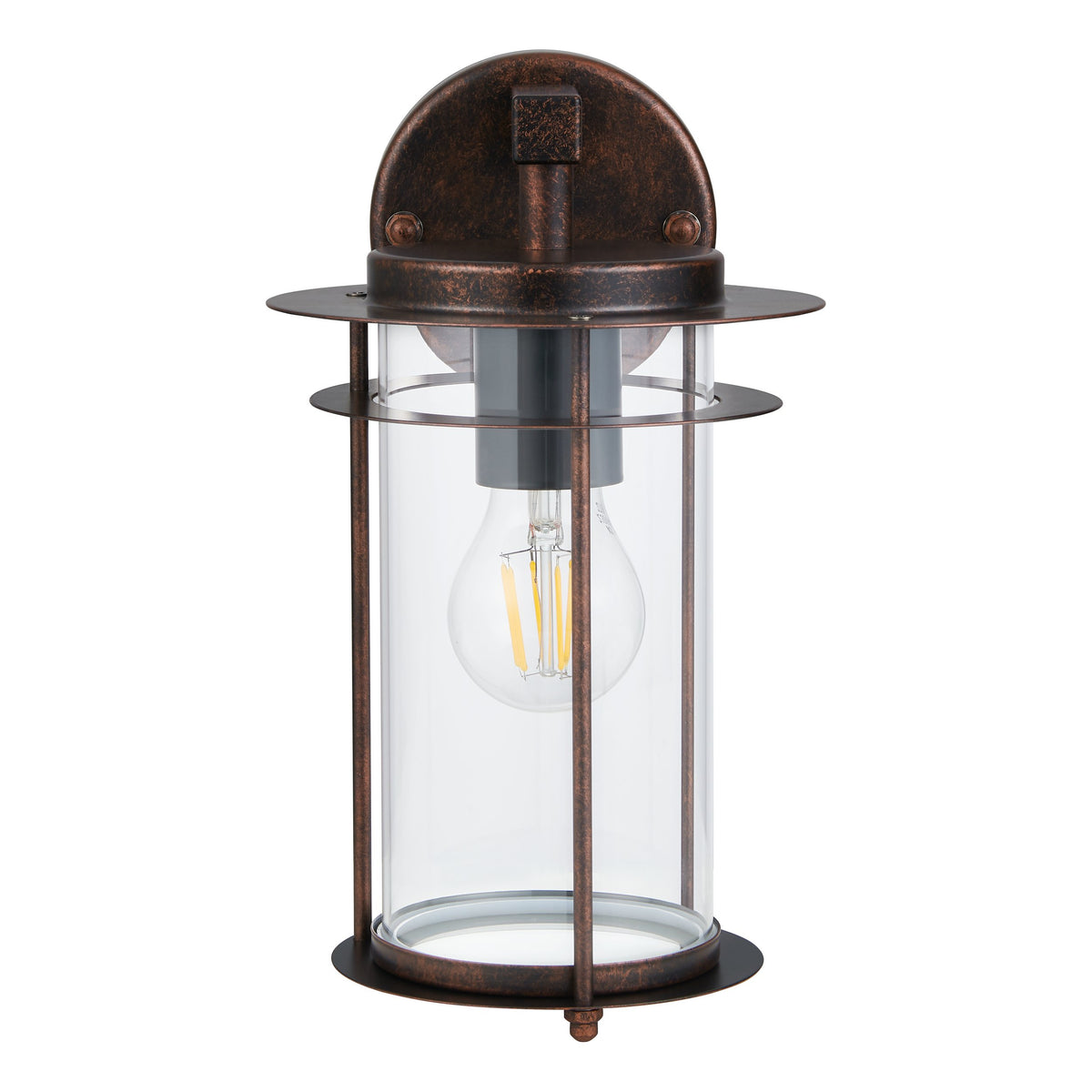 Vue de face du luminaire, ampoule visible dans sa cage cylindrique en verre
