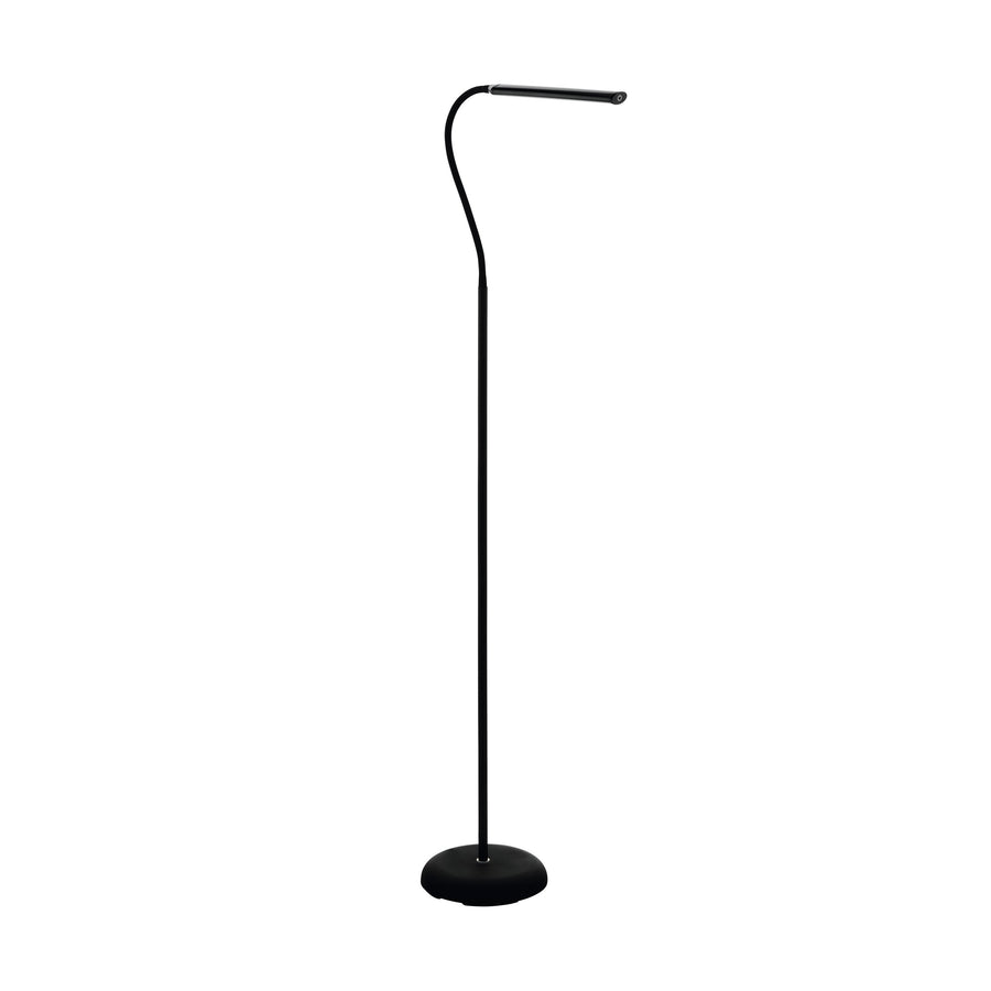 Lampadaire noir de face, tige courbe et tête lumineuse fine sur fond blanc.