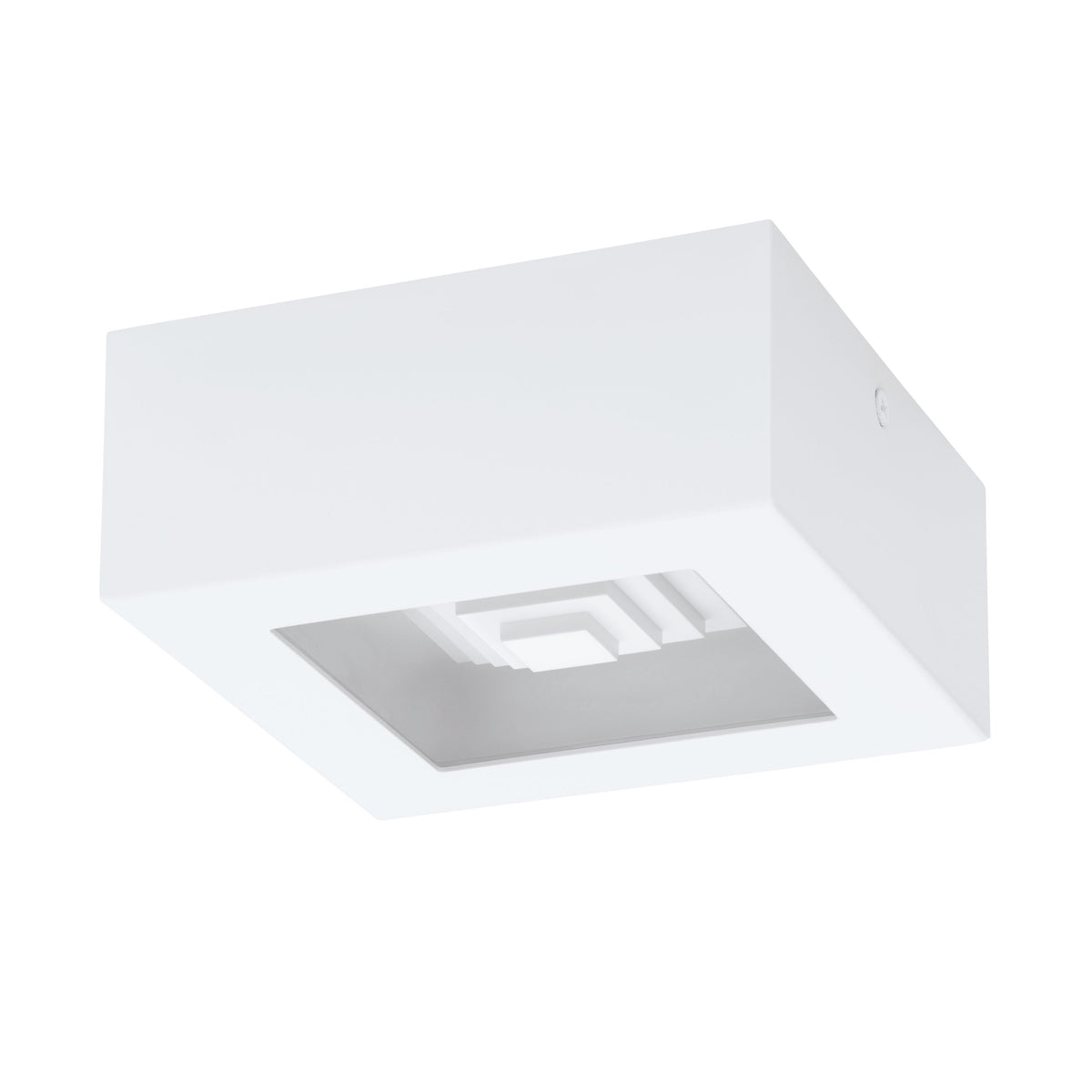 Vue plongeante montrant l'intérieur blanc et la platine métallique carrée du luminaire