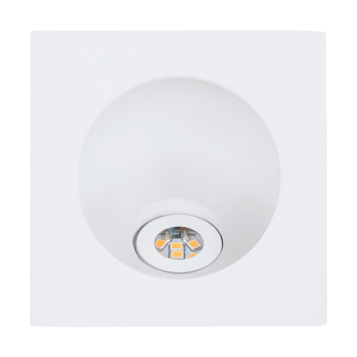 Gros plan de la face avant avec module LED central et finition blanche mate.