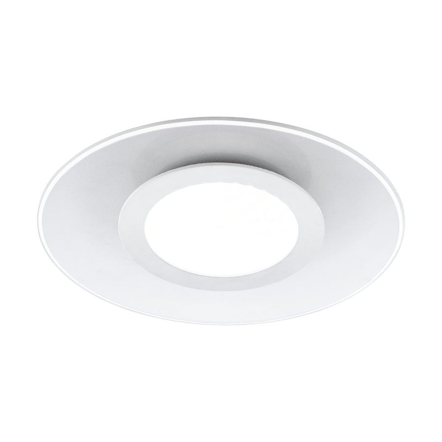 Vue rapprochée du luminaire blanc, détail de la bague lumineuse et du diffuseur perforé