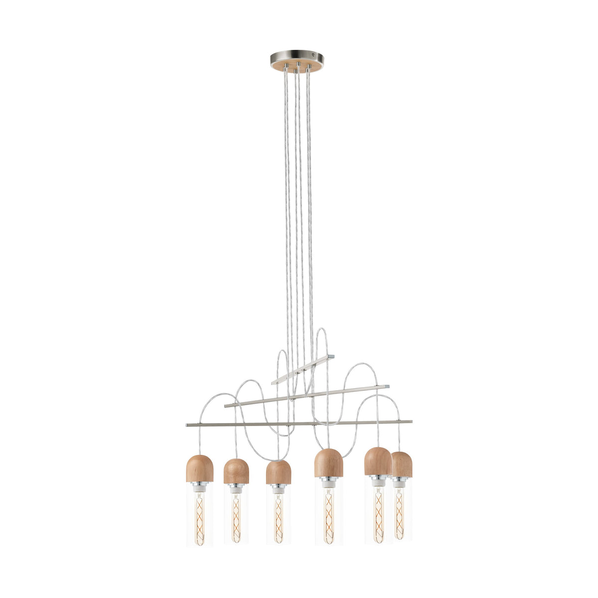 Vue produit rapprochée des six cylindres en verre coiffés de bois clair