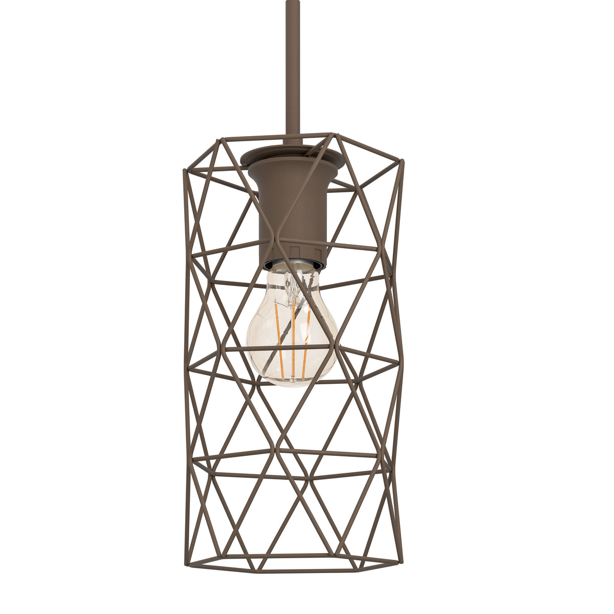 Gros plan sur une cage cylindrique marron et ampoule à filament visible