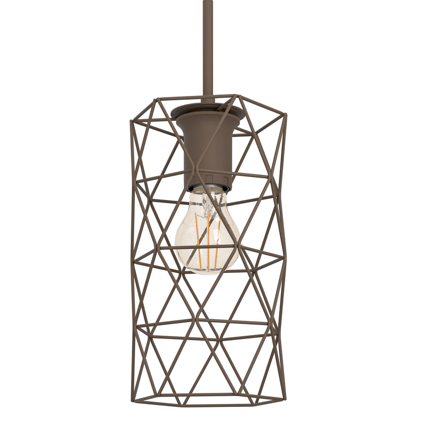 Gros plan sur une cage cylindrique marron et ampoule à filament visible