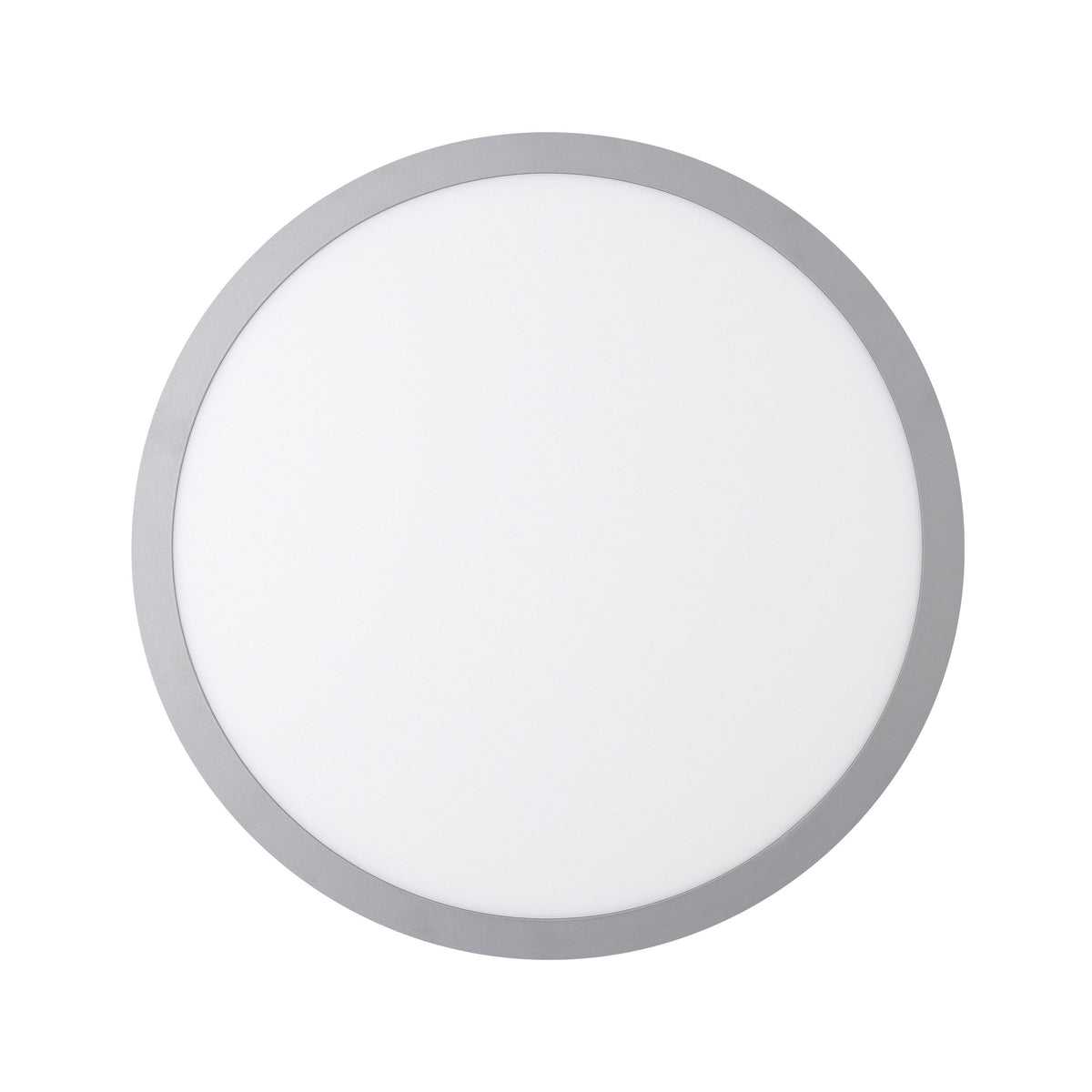 Vue de face du plafonnier circulaire, cercle argenté et diffuseur blanc uniforme