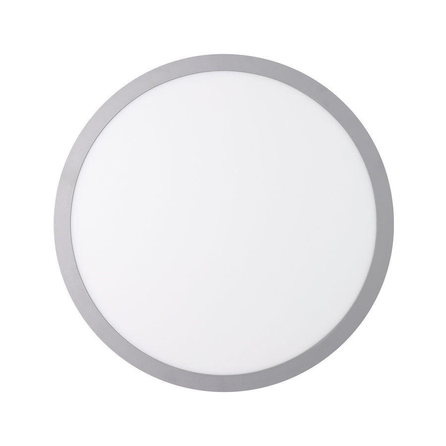 Vue de face du plafonnier circulaire, cercle argenté et diffuseur blanc uniforme