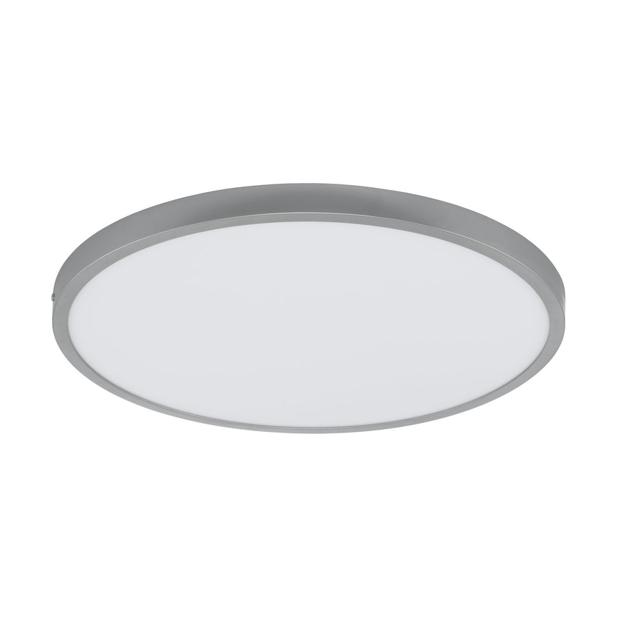 Second angle du plafonnier rond, cerclage argent brossé et vasque blanche opaque