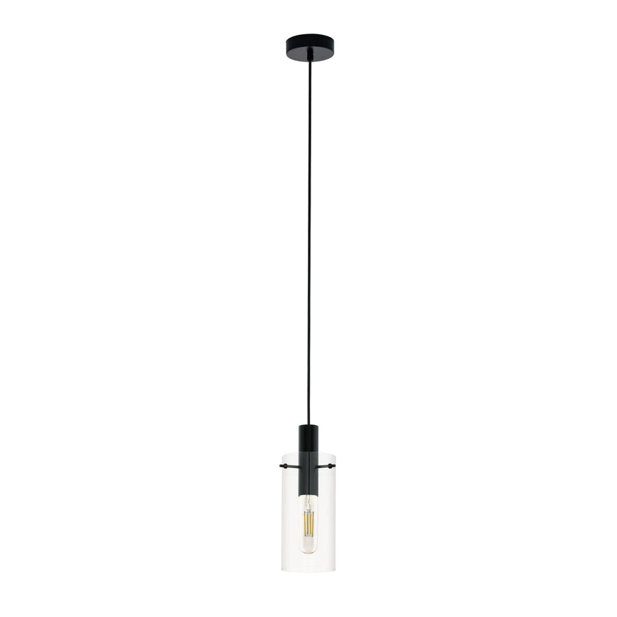 Suspension vue de face sur fond blanc, rosace et douille noires, abat-jour cylindrique