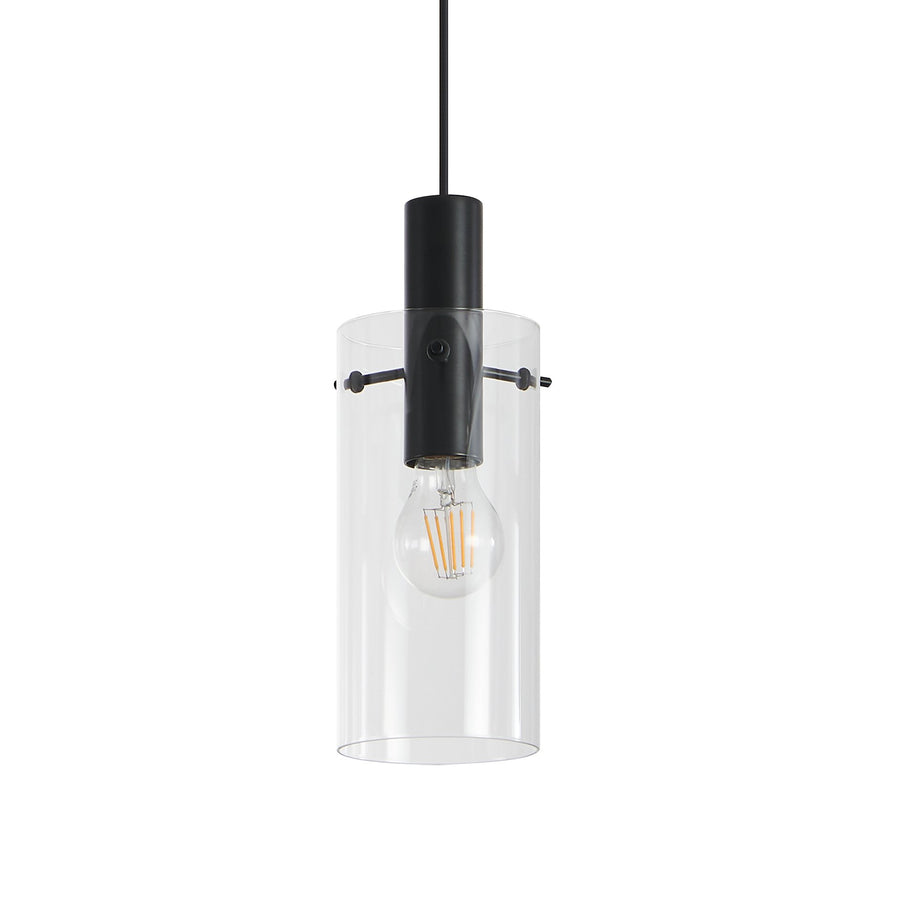 Détail d'un abat-jour cylindrique en verre transparent avec ampoule à filament visible.