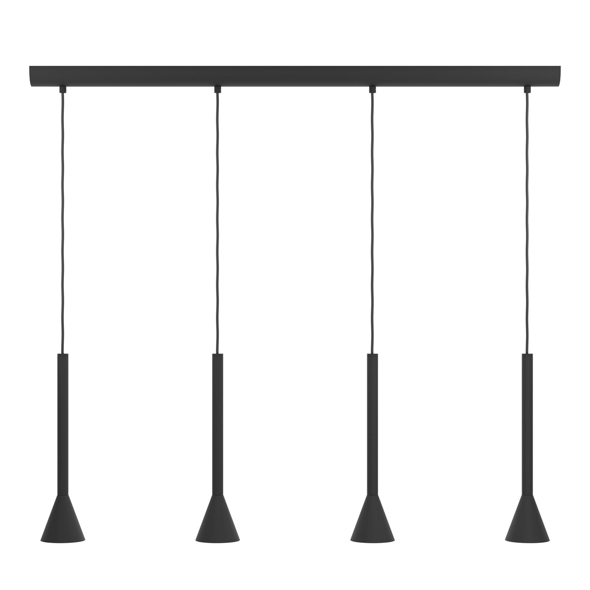 Vue de face, rail noir supportant quatre suspensions fines à cônes noirs.