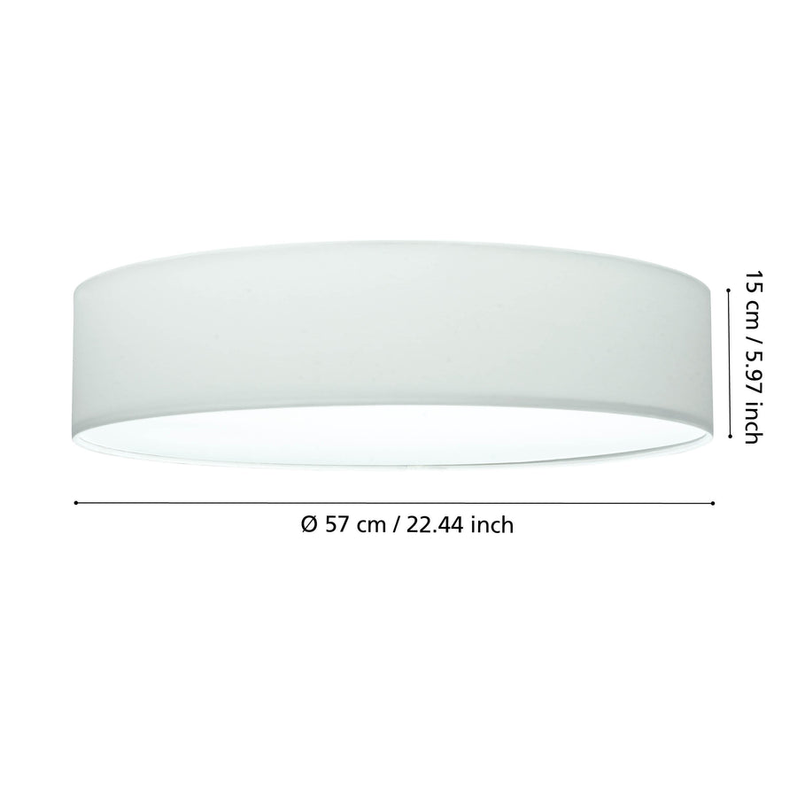 Schéma de dimensions du plafonnier : diamètre 57 cm et hauteur 15 cm.