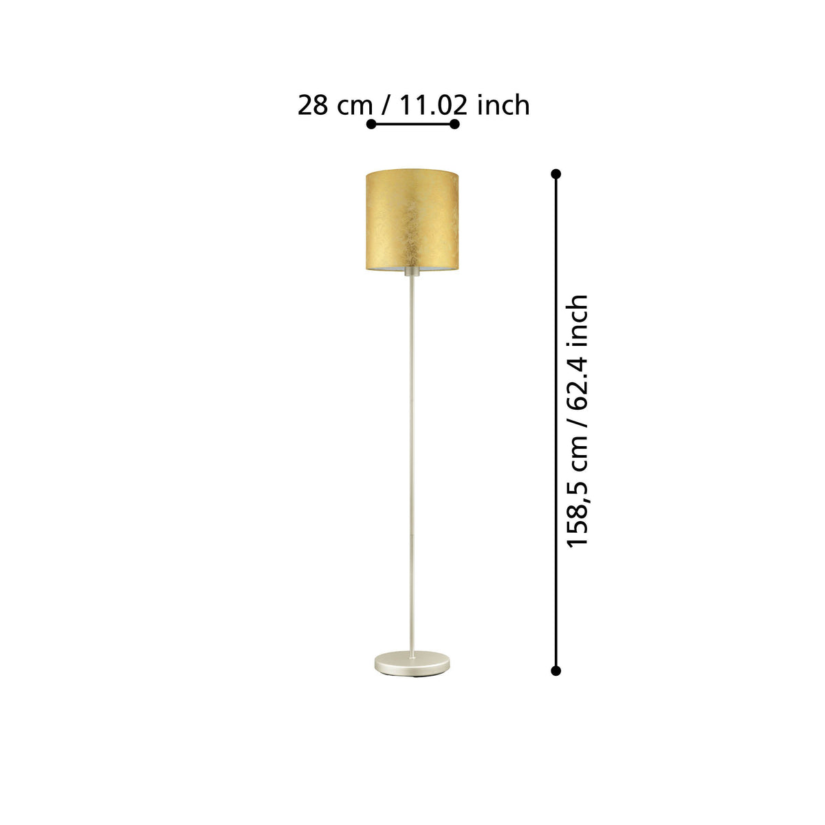 Schéma coté du lampadaire : 28 cm de large et 158,5 cm de haut