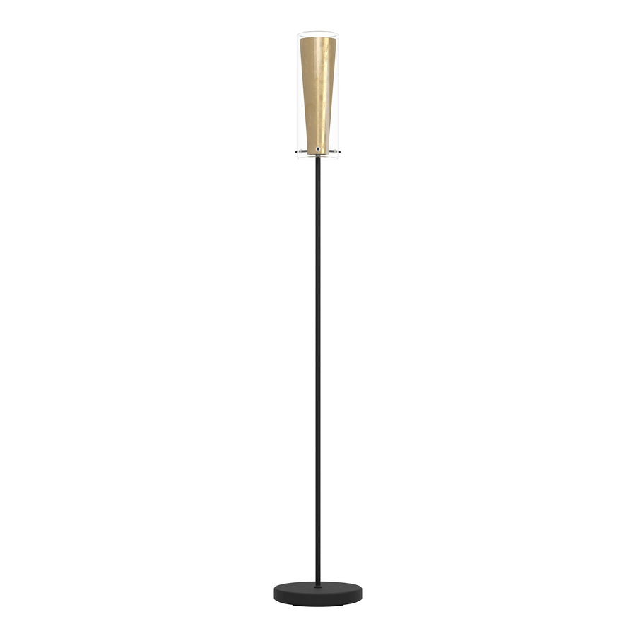 Lampadaire entier de face, base ronde noire et tige fine sur fond blanc