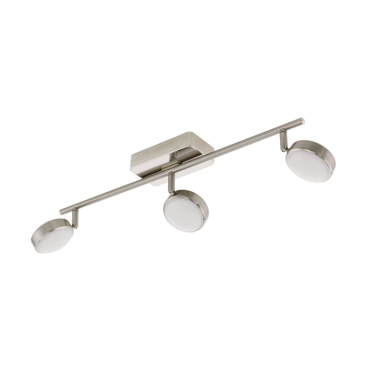 Produit présenté de face sur fond blanc, trois spots ronds et finition nickel satiné.