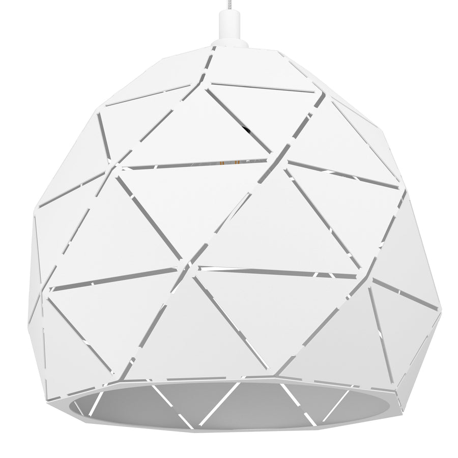 Détail rapproché de l'abat-jour montrant les découpes géométriques triangulaires en métal blanc.