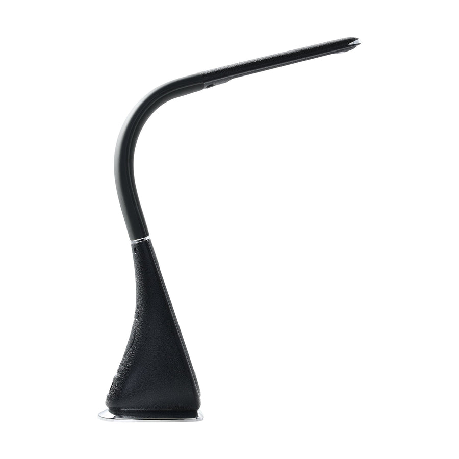 Profil du luminaire montrant la base conique noire, le bras courbé et le socle chromé