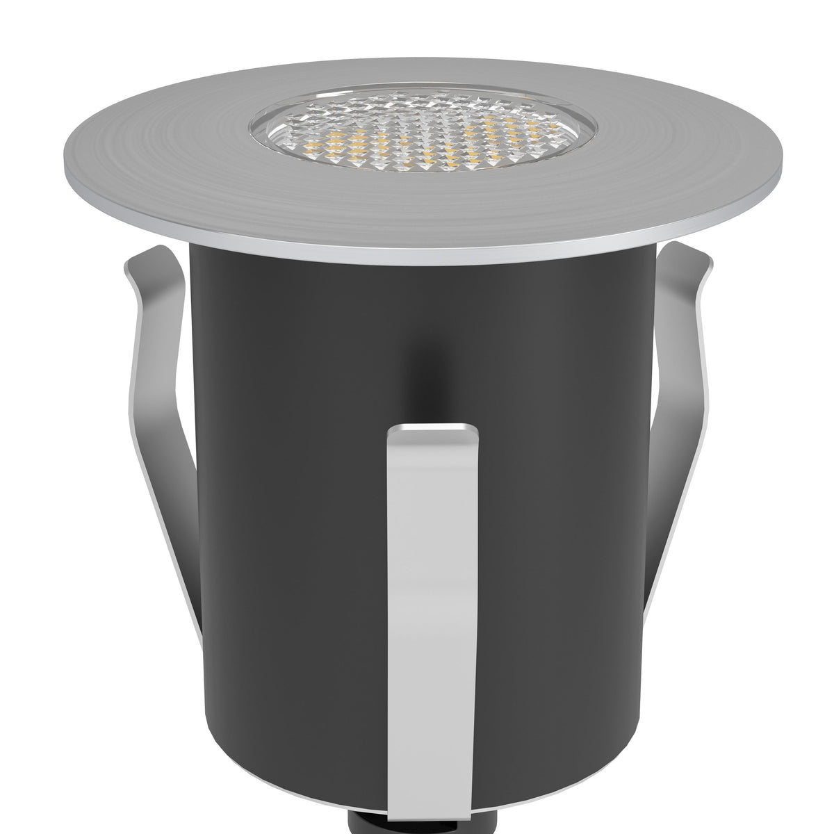 Détail de la tête LED et de la collerette inox d'un spot encastré.