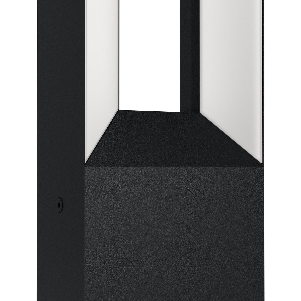 Détail de la finition noire texturée et des diffuseurs blancs du luminaire extérieur.
