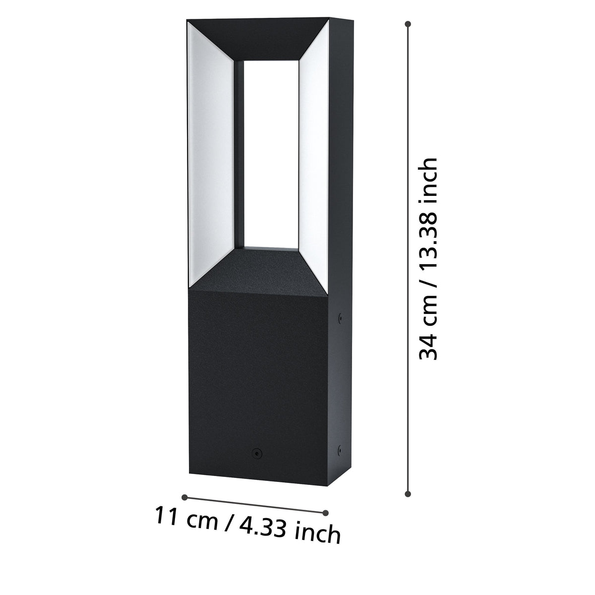 Schéma de dimensions du lampadaire indiquant 34 cm de hauteur et 11 cm de largeur.