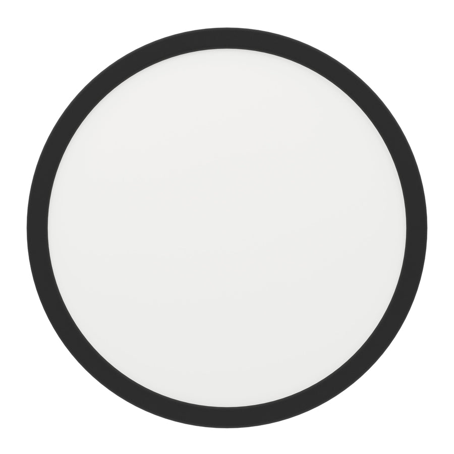 Vue de face du luminaire rond, contour noir et verre blanc uniforme