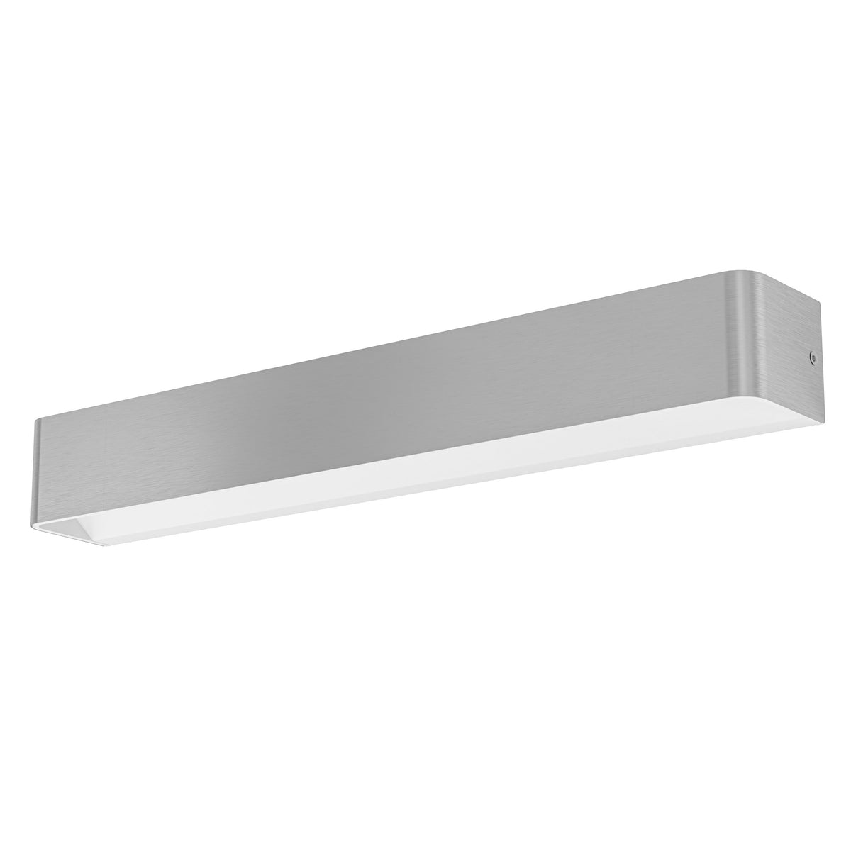 Vue en perspective du luminaire montrant le diffuseur blanc mat sous le profil nickel