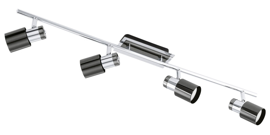 Vue complète du luminaire à quatre spots orientables sur rail chromé