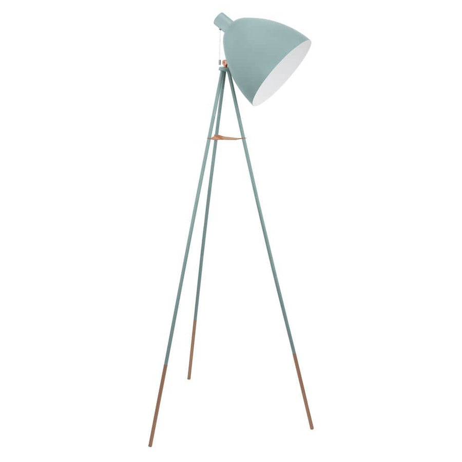 Lampadaire trépied bleu pâle vu de face sur fond blanc neutre