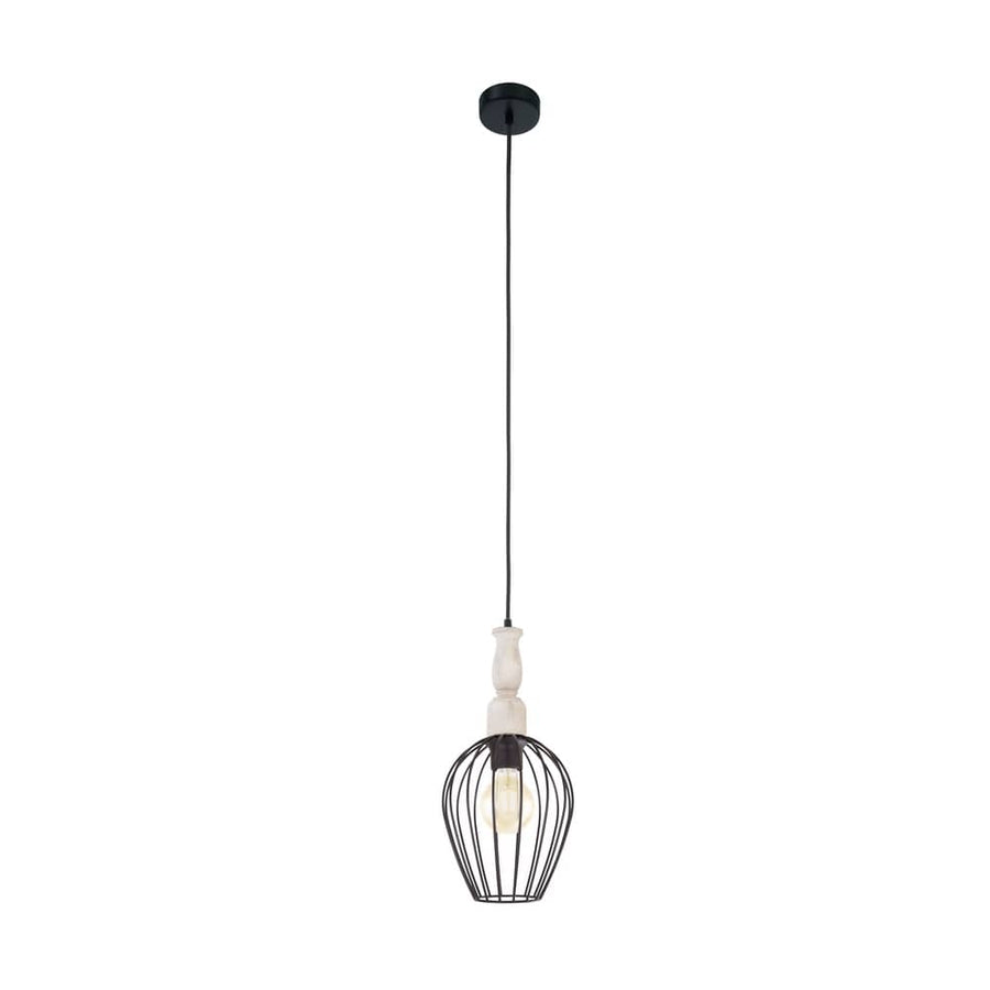 Vue de face du luminaire sur fond blanc, câble et rosace noirs apparents
