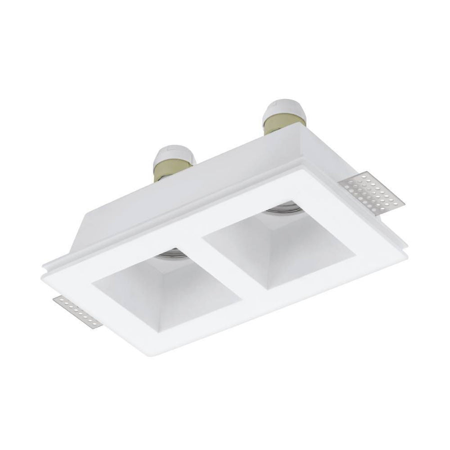 Spot encastrable blanc double orientable présenté sur fond blanc avec fixations.