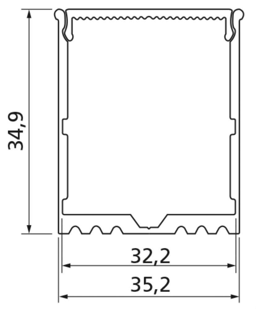 Schéma technique coté du profilé aluminium avec largeur 35,2 et hauteur 34,9