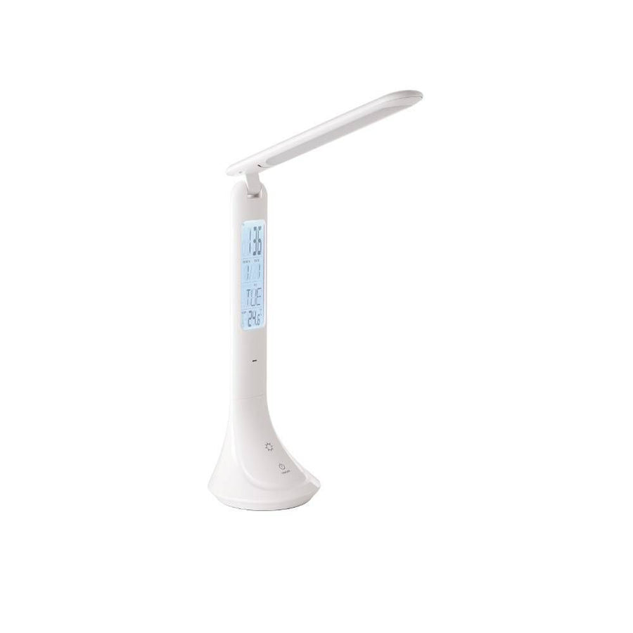 Lampe de bureau blanche de profil, tête plate orientable allumée sur fond neutre