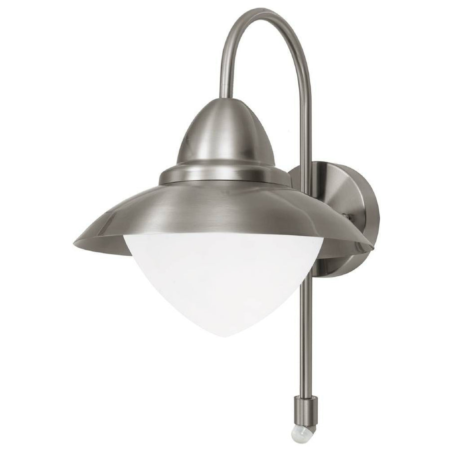 Produit de face : applique murale extérieure en inox brossé avec abat-jour en dôme et diffuseur blanc