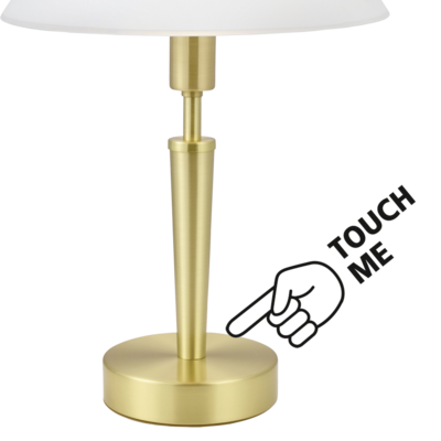 Détail du pied cylindrique laiton avec mention Touch Me et main pointée