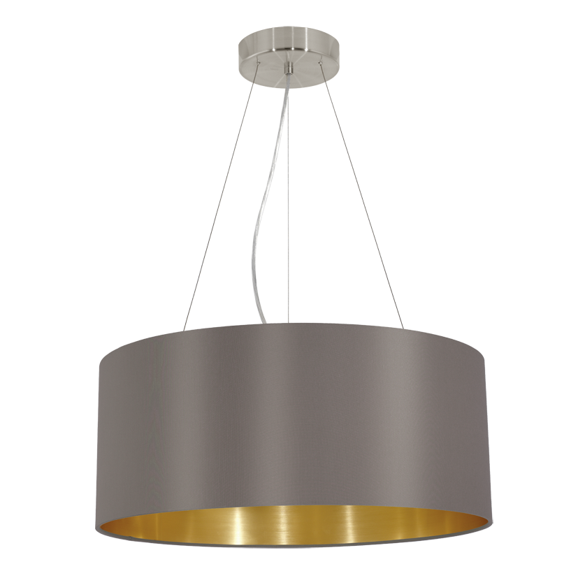 Suspension cylindrique en tissu gris, intérieur doré, vue de face sur fond blanc
