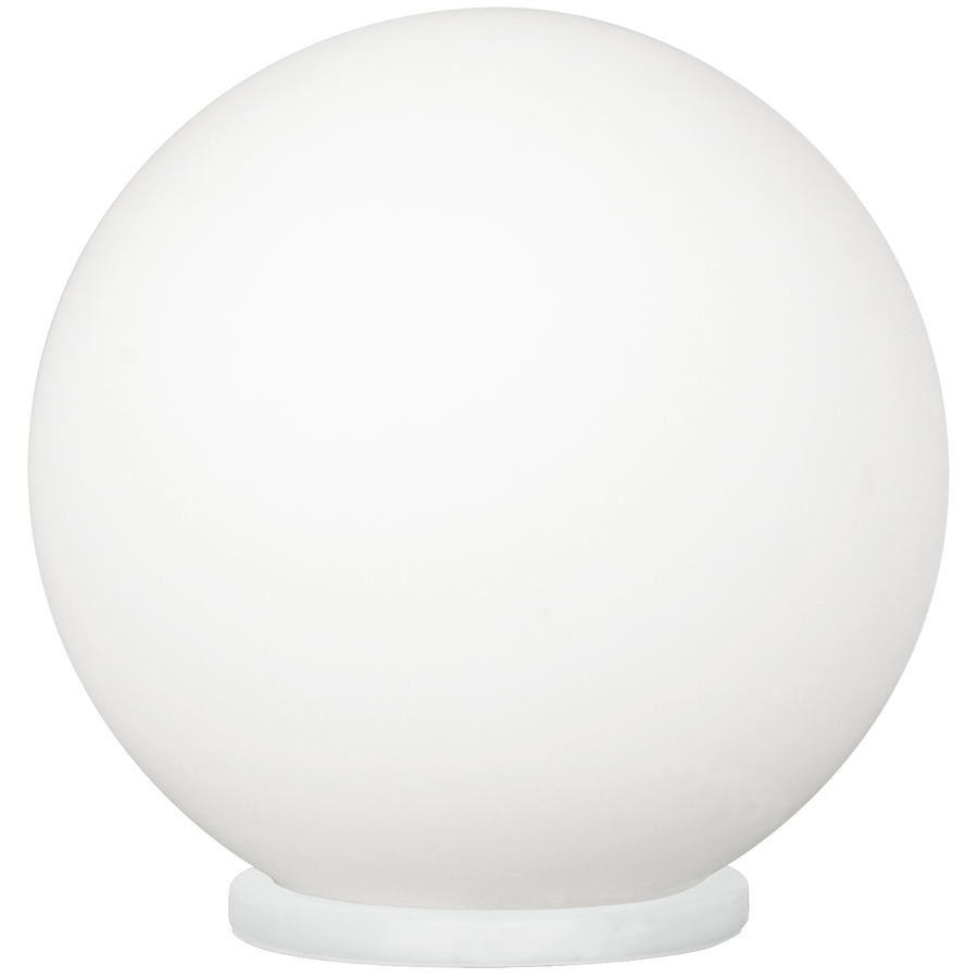 Lampe à poser blanche de face, sphère en verre opalin sur petite base ronde